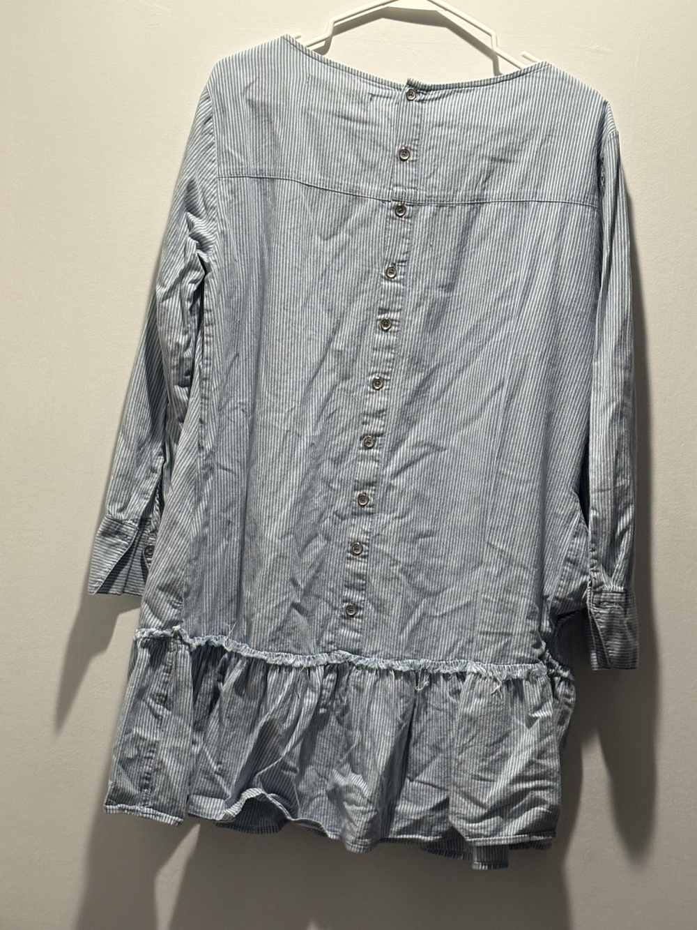 Zara Light Blue Pinstripe Button-Back Ruffle Dress